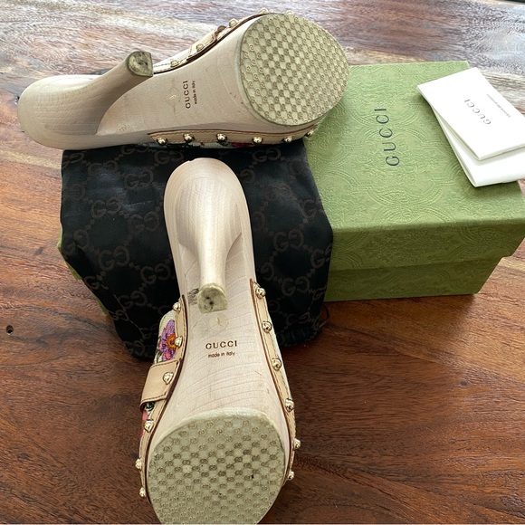 GUCCI Horsebit Wood Ivory Floral Platform Heels/Sandals size 9 - Picture 4 of 4